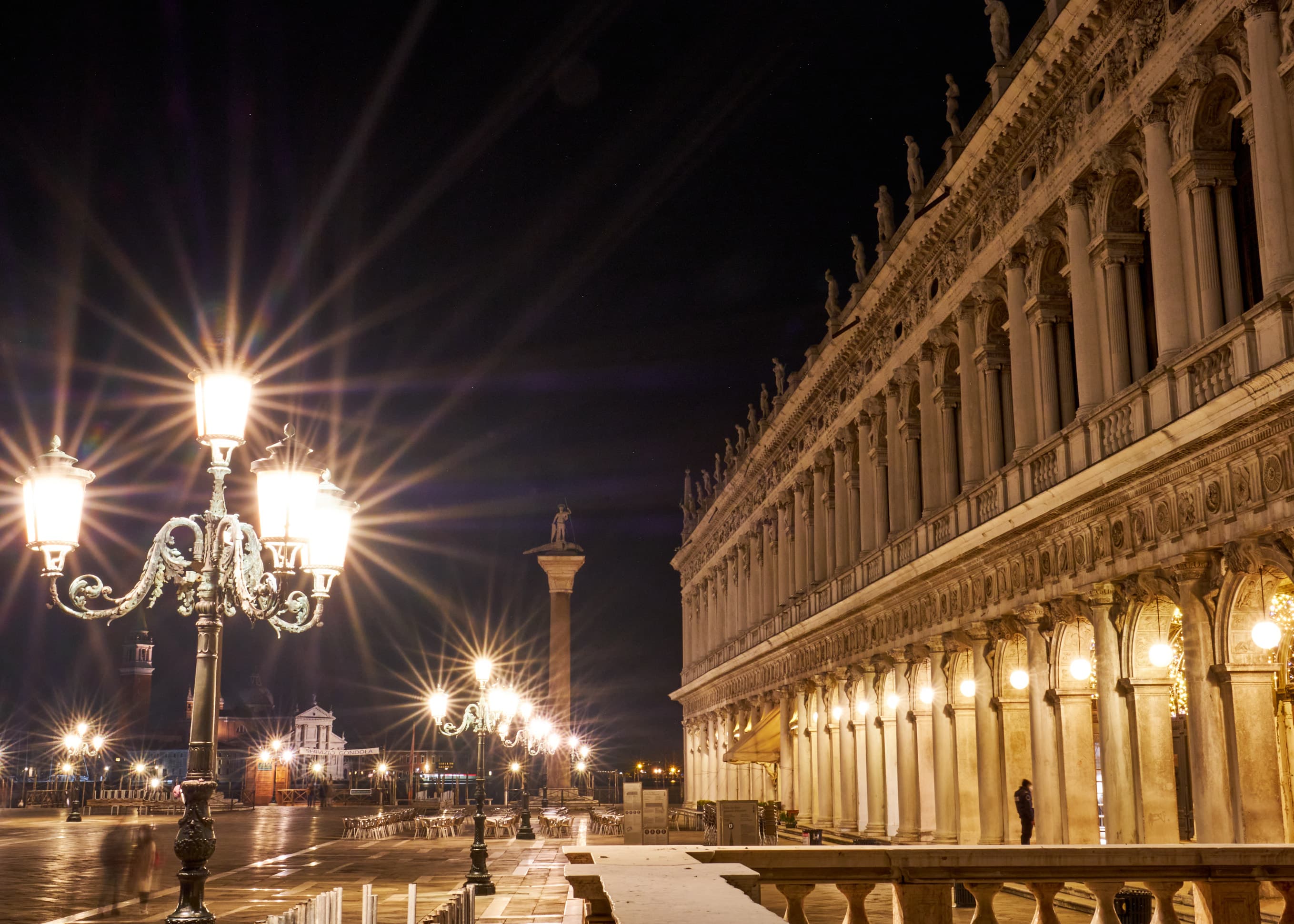 Piazza San Marco at night, lamp post starbursts
