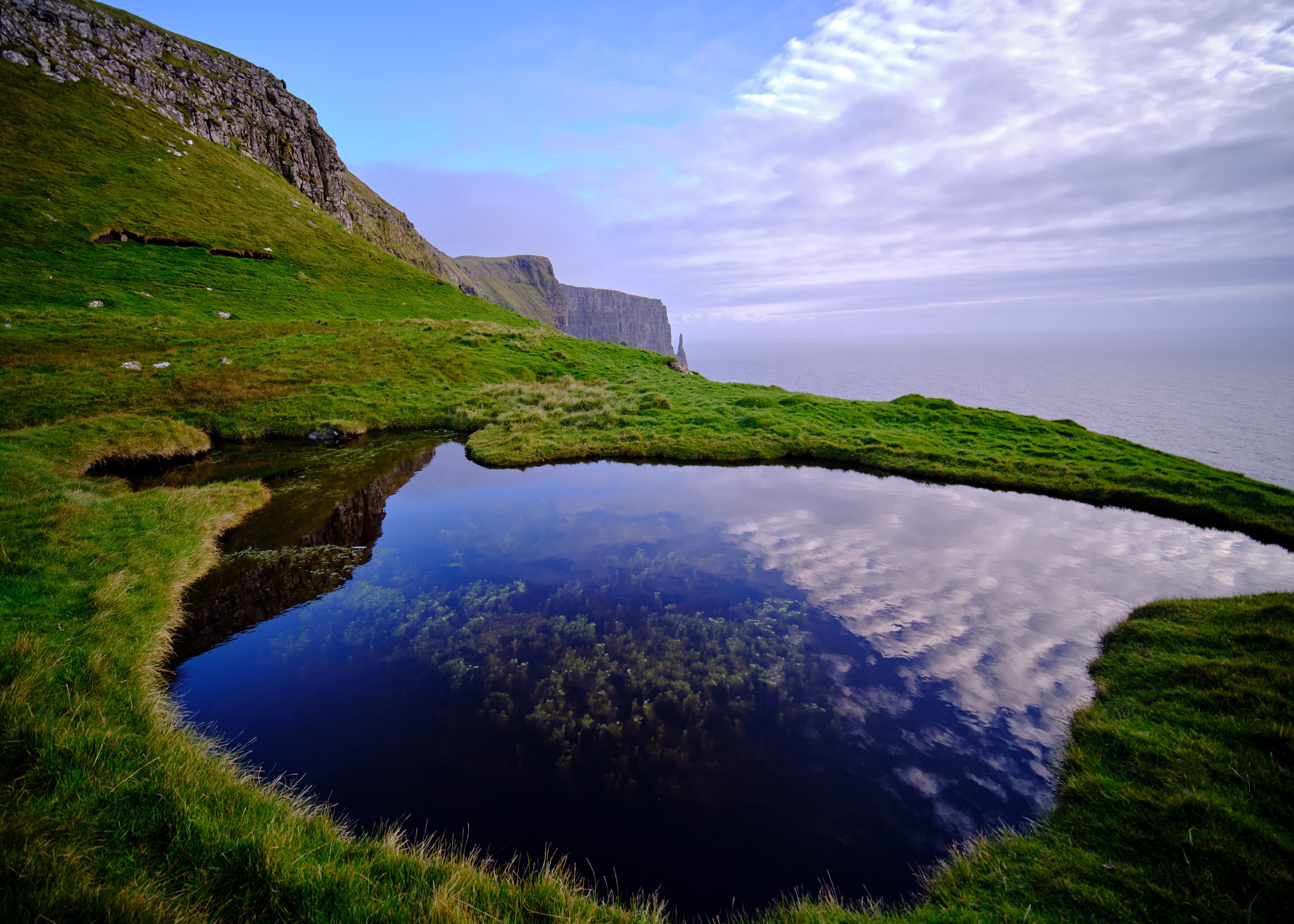 Hilltop tarn reflecting sea cliffs and sea stacks
