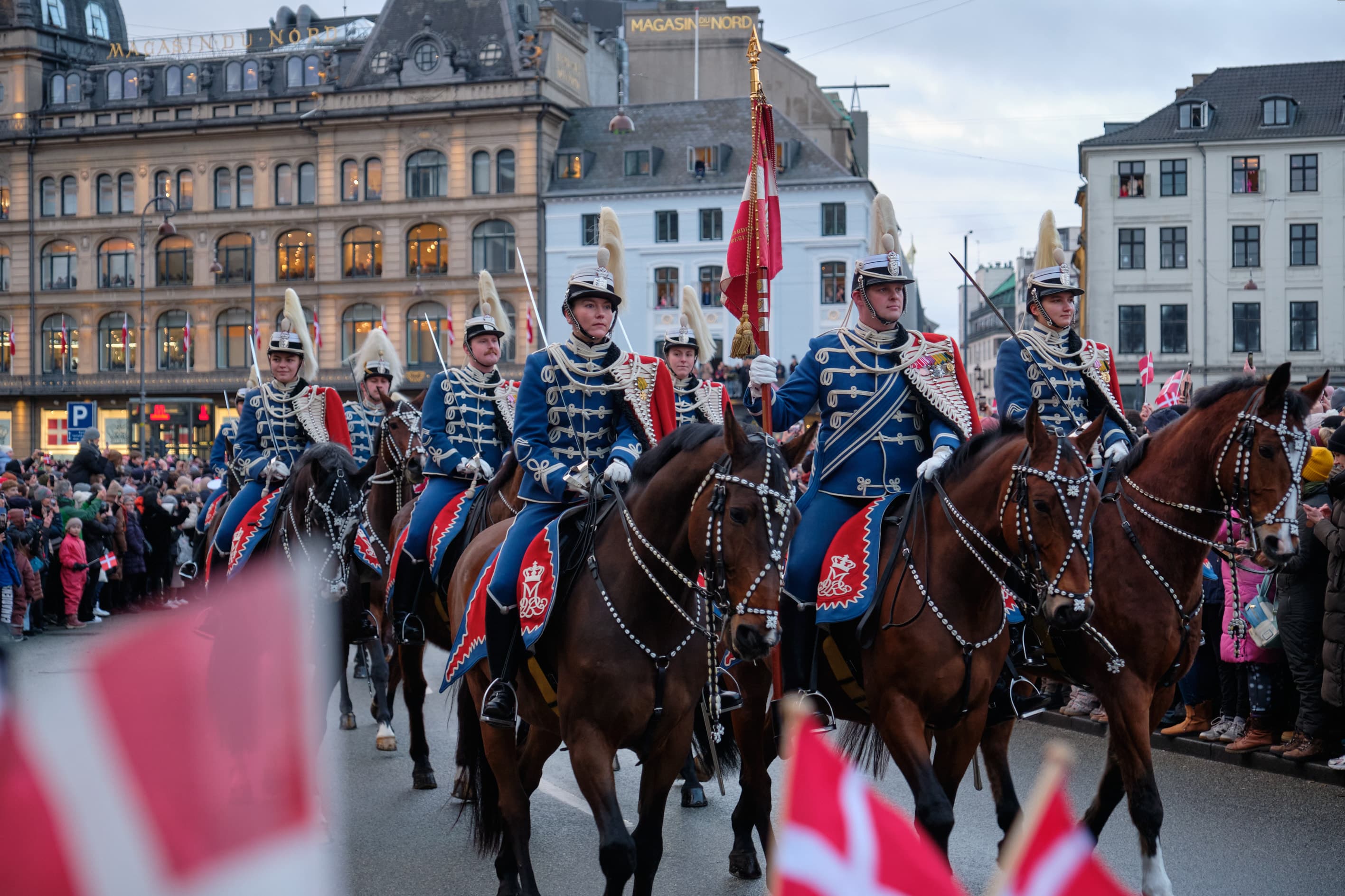 Royal Guard cavalry parade, Danish flags