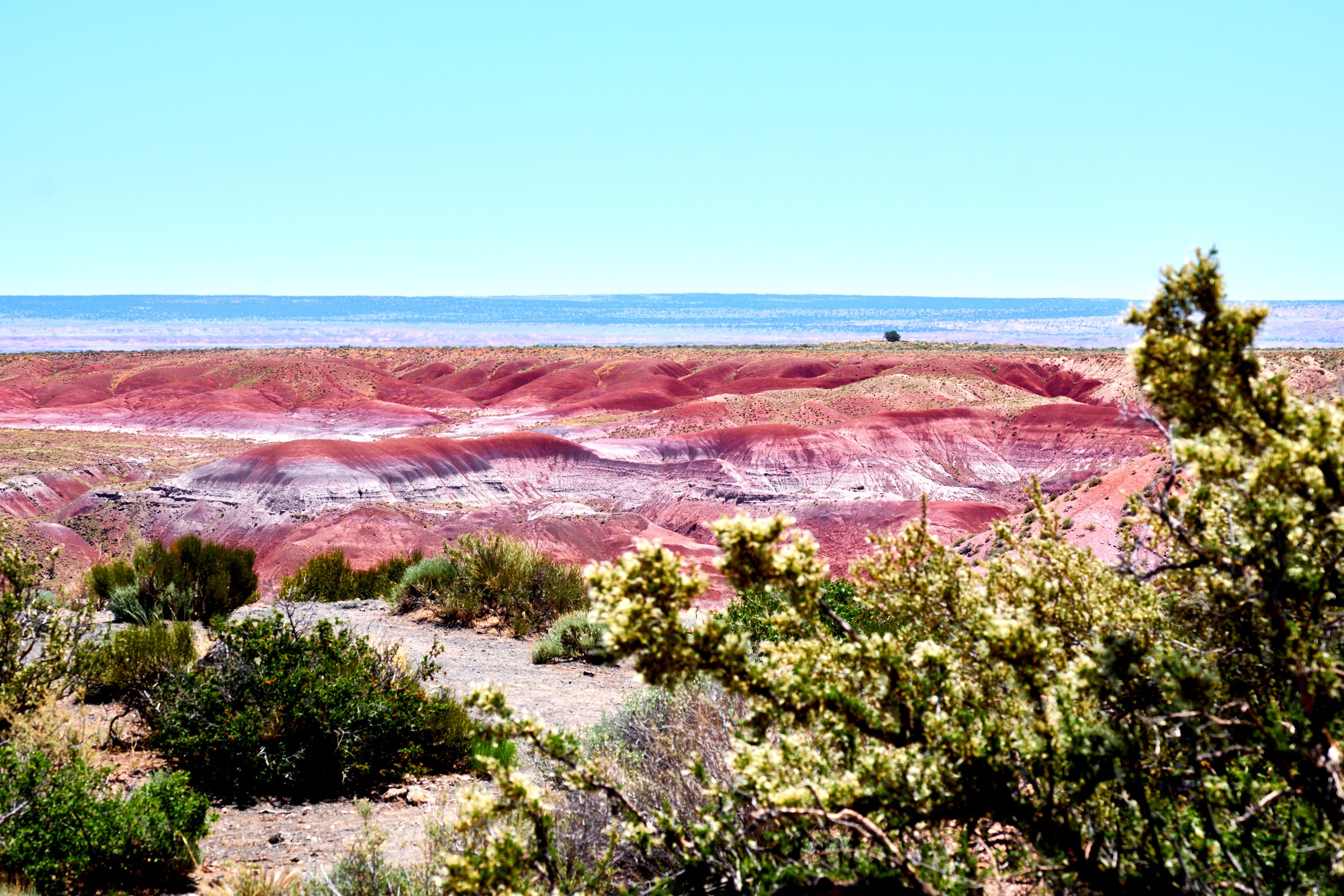 Vivid red-pink Painted Desert badlands under blue sky