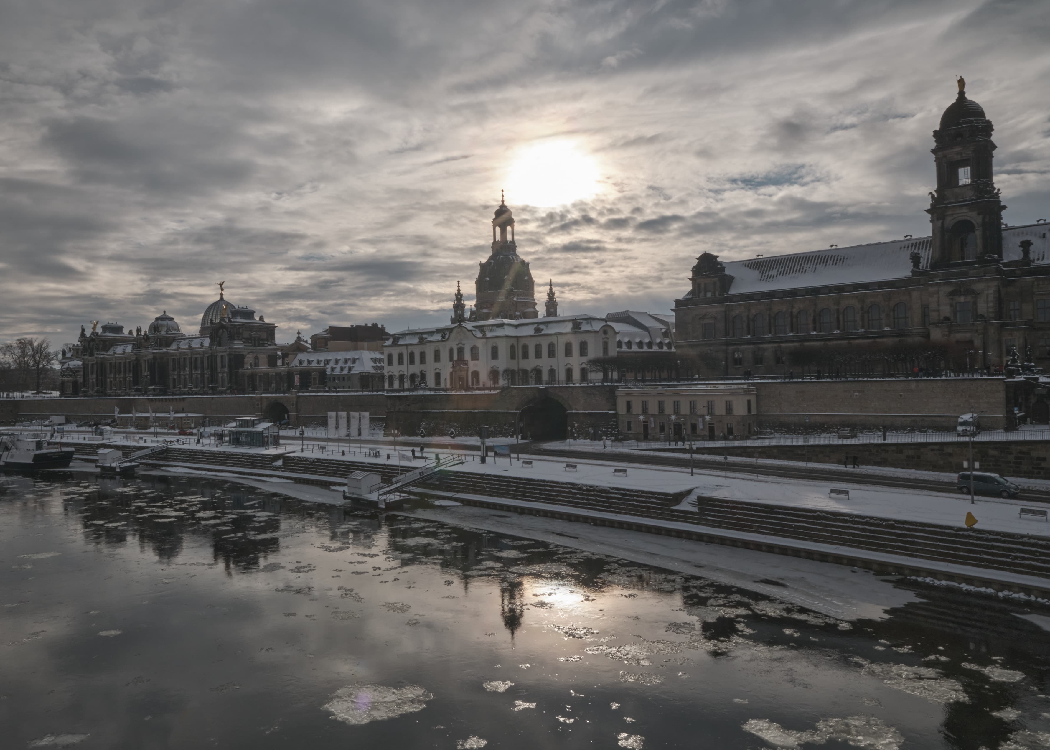 Dresden baroque skyline over ice-covered Elbe