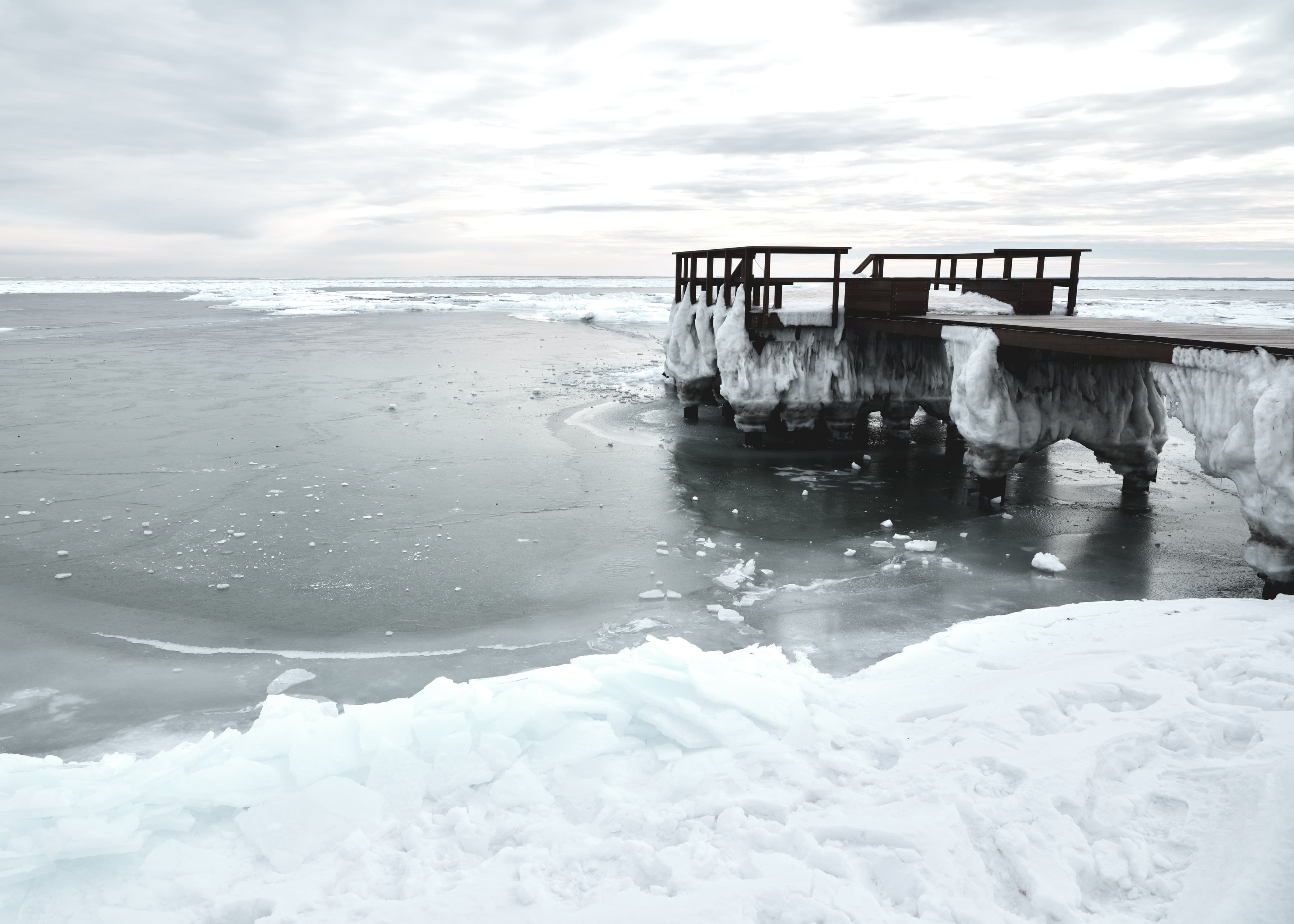 Ice-encrusted Amager pier, frozen sea to horizon