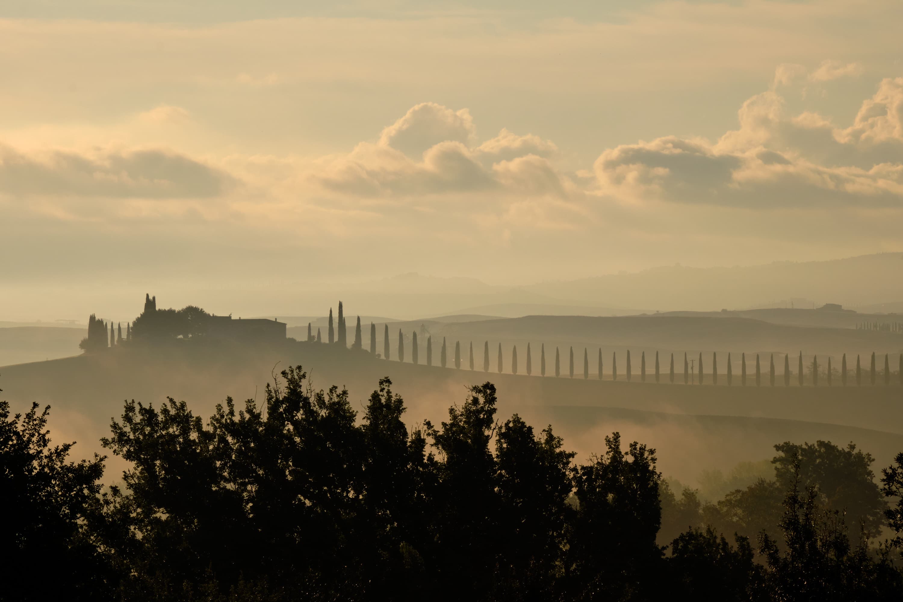 Podere Belvedere farmhouse emerging from morning mist
