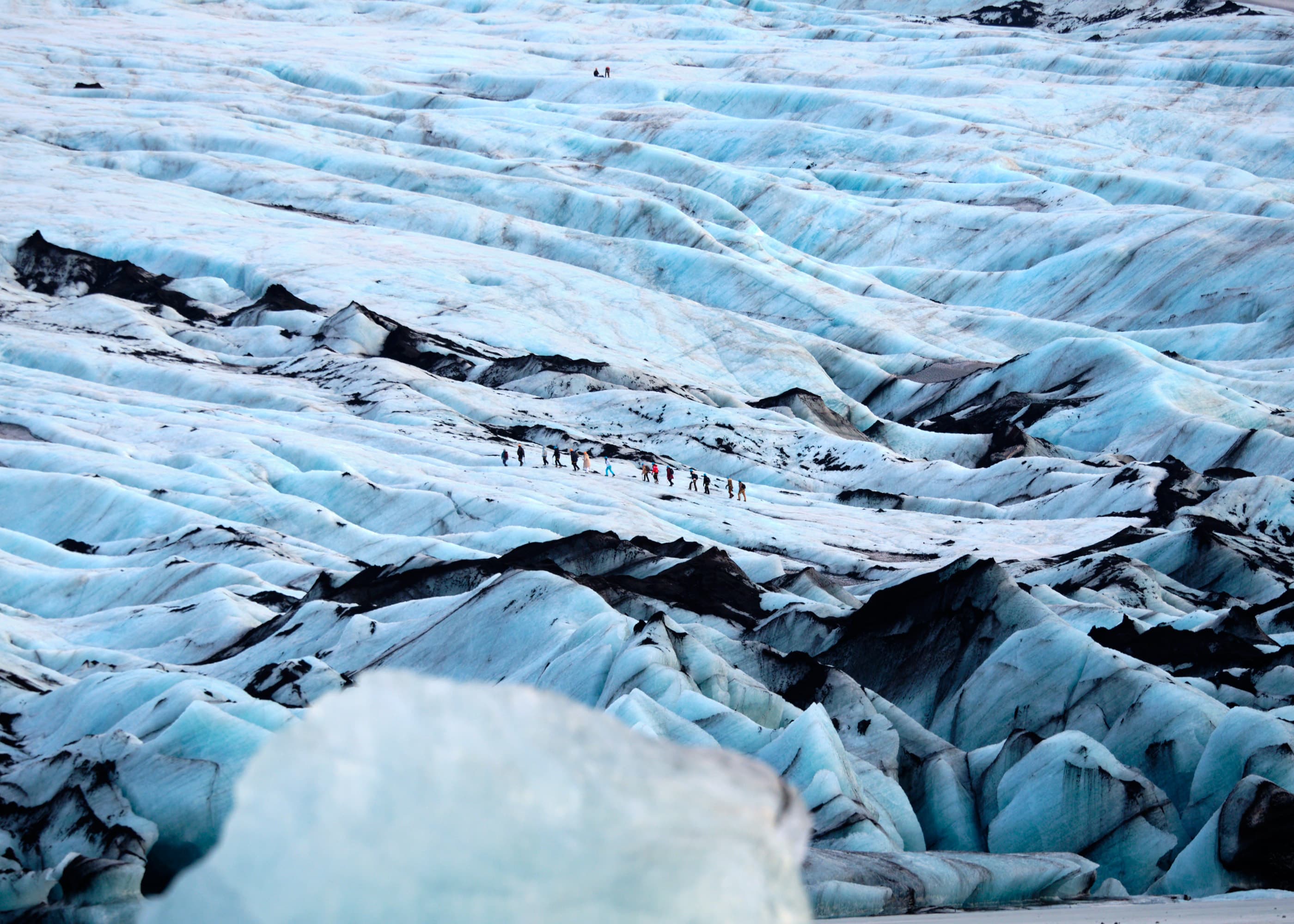 Hikers tiny against vast blue-white glacier face