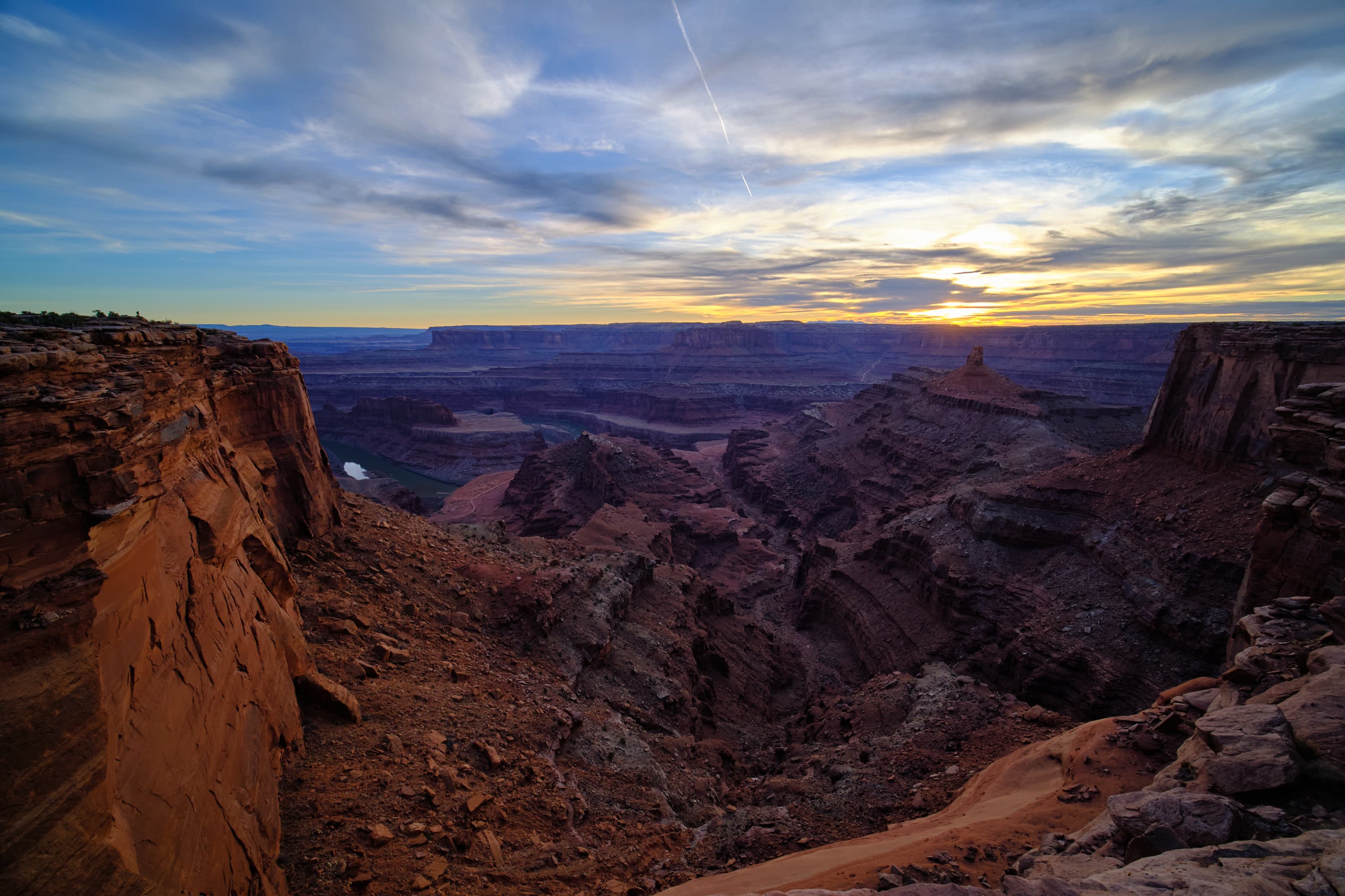 Canyonlands at sunset, Colorado River far below