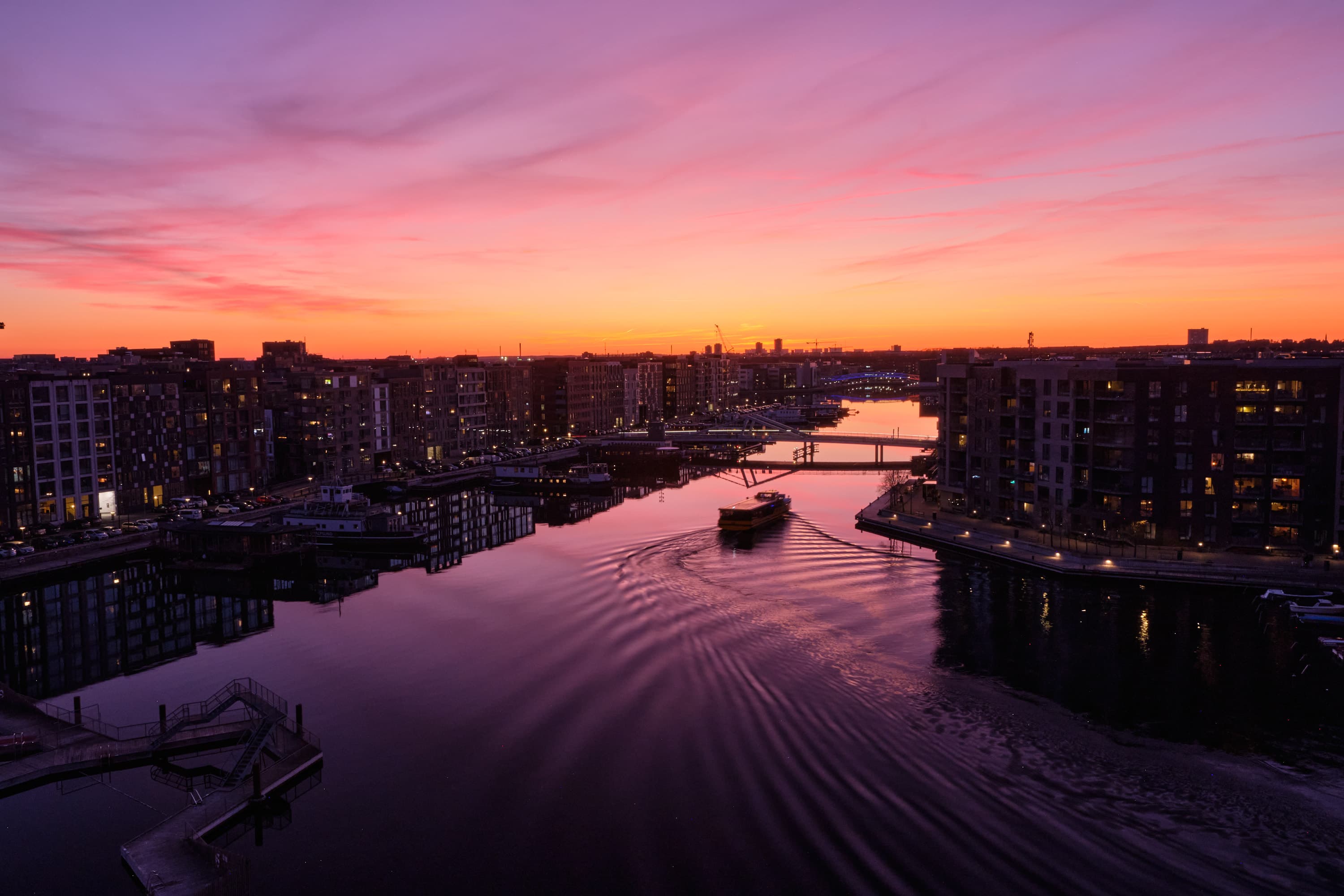 Sydhavn harbour at explosive violet-orange sunset