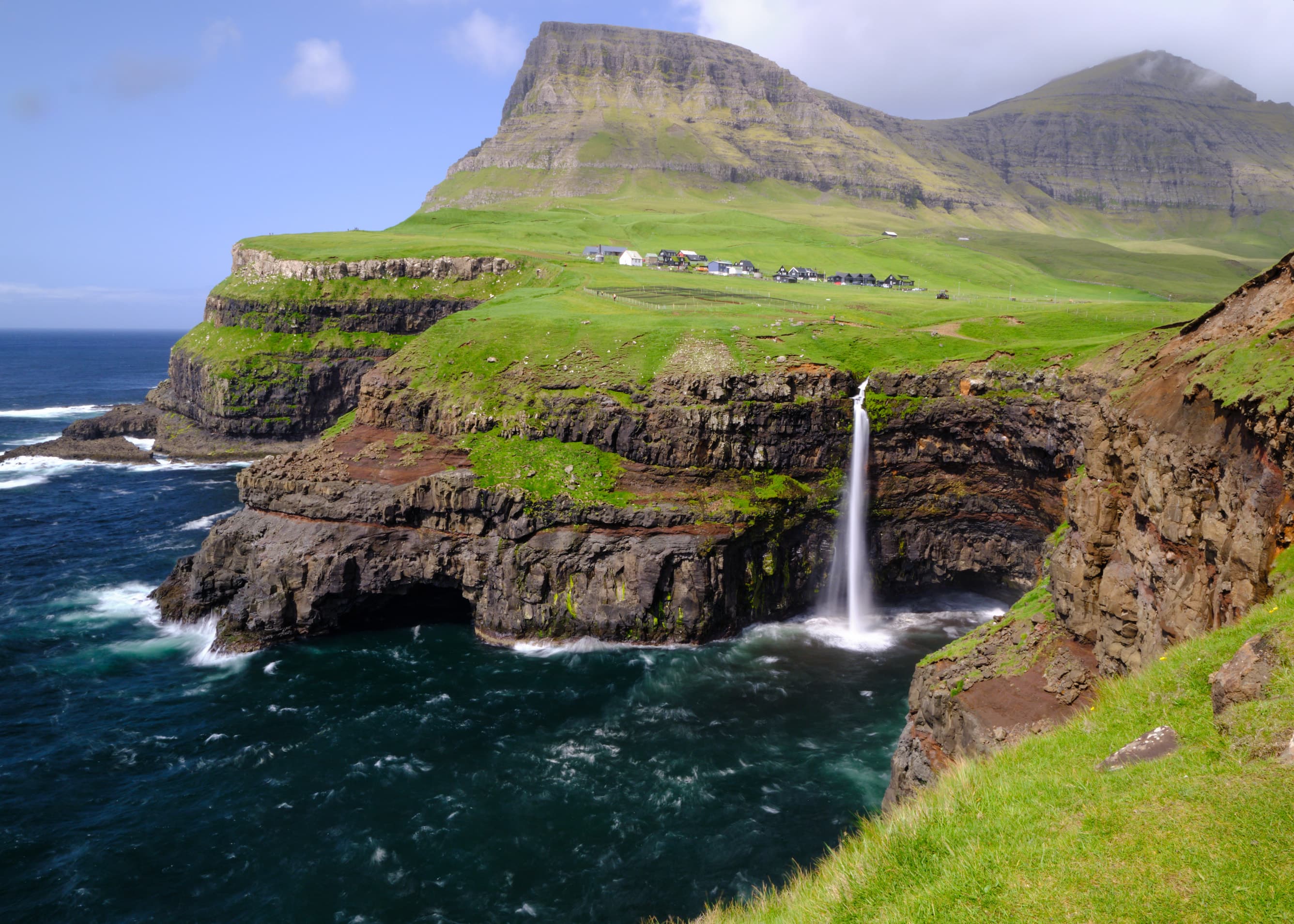 Gásadalur waterfall cascading to the sea